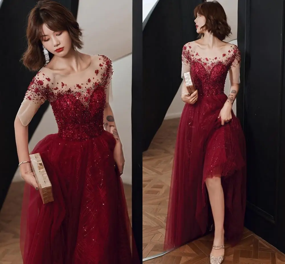 Luxury Dubai Sequins Evening Dress 2020 Illusion Neck Short Sleeves Crystal 3D Flowers Arabic Plus Size Formal Prom Party Gowns