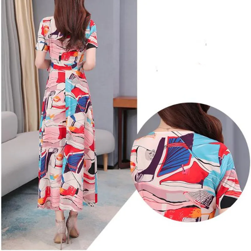 A-Line Loose Dresses 2020 summer new printed chiffon Dress Short sleeve waist V-neck was thin Print Big swing dress