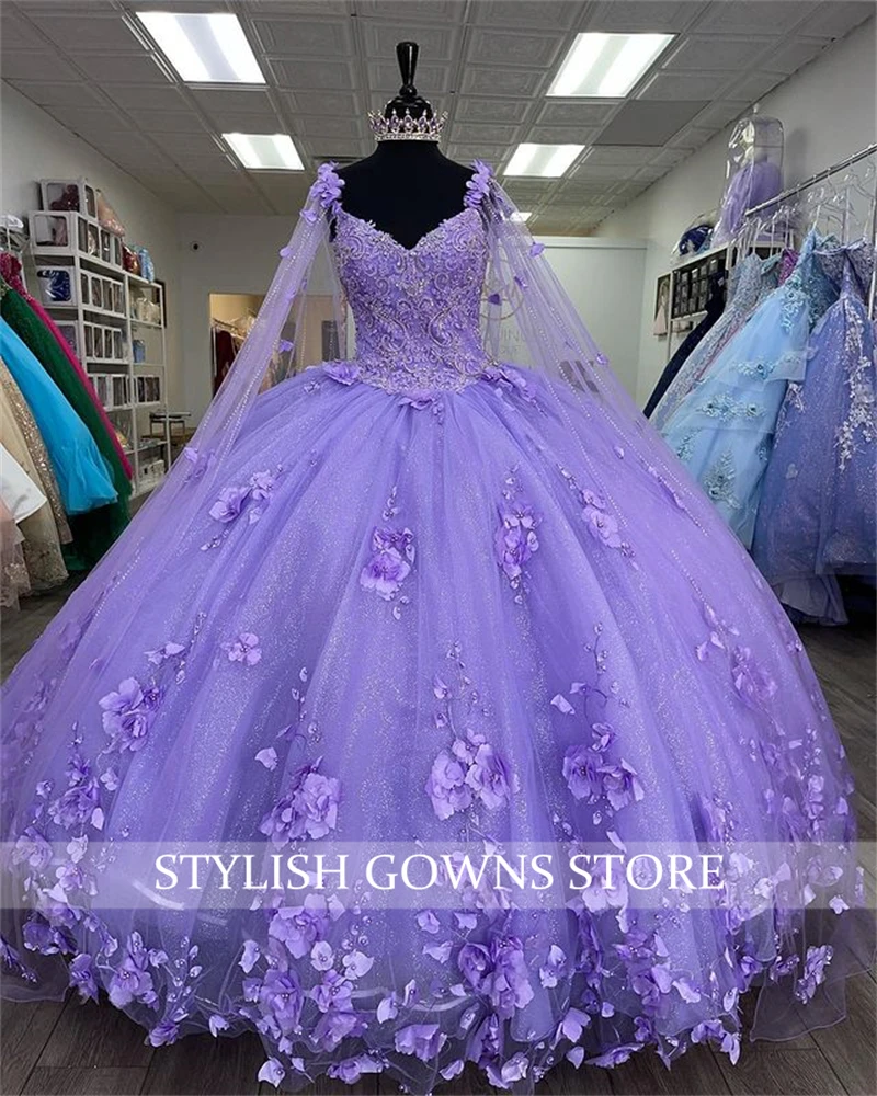 2023 affascinante viola Sweetheart Quinceanera abiti in rilievo abito da ballo con mantello fiori 3D dolce 16 15 Vestidos De Fiesta