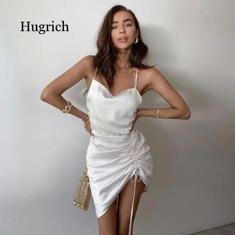 2021 Summer New White Women's Open Back Drawstring Pleated Party Club Elegant Satin Dress