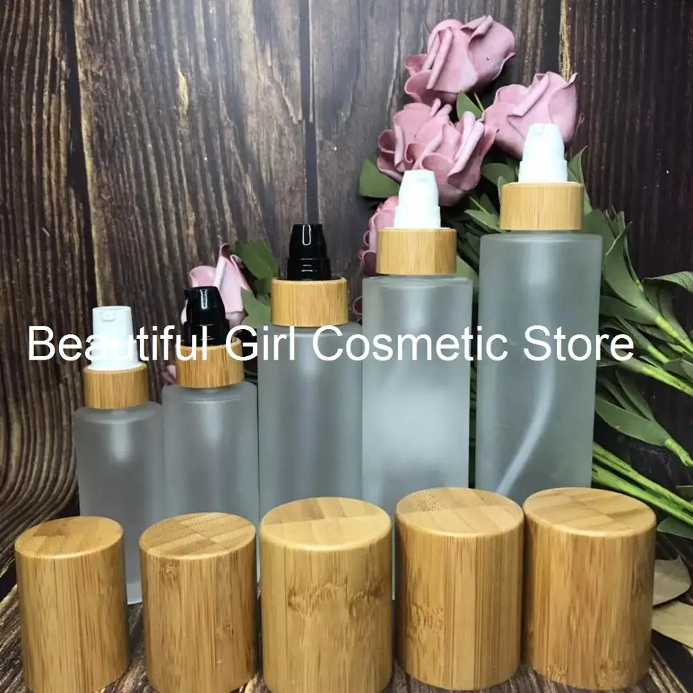 Engraving logo 150ml Frosted glass lotion bottle with wood top lotion pump bamboo cosmetics packaging ,glass skin cream bottle