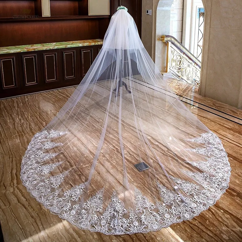 

White Ivory Wedding Veils Long Cathedral Length Lace Edge 2T Bridal Veil with Comb Wedding Veil 4 meters Wedding Accessories