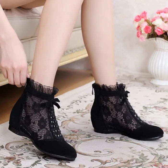 New Spring Autumn hollowed-out mesh boots Women\'s Genuine leather flat bottom short boots increased single shoes