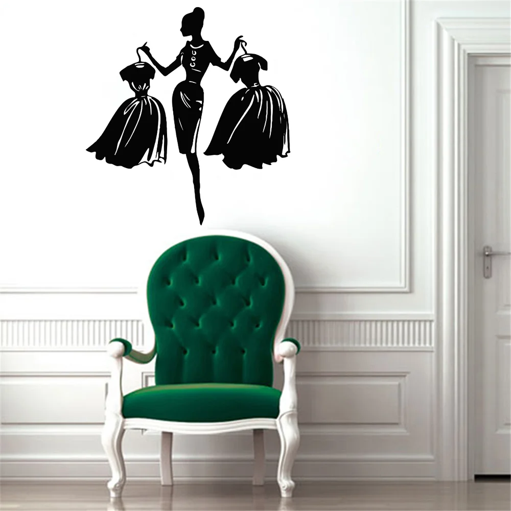 Wall Decal Girls Fashion Clothing Window Shop Livingroom Vinyl Sticker Fashion Lady With Black Dress Wall Murals