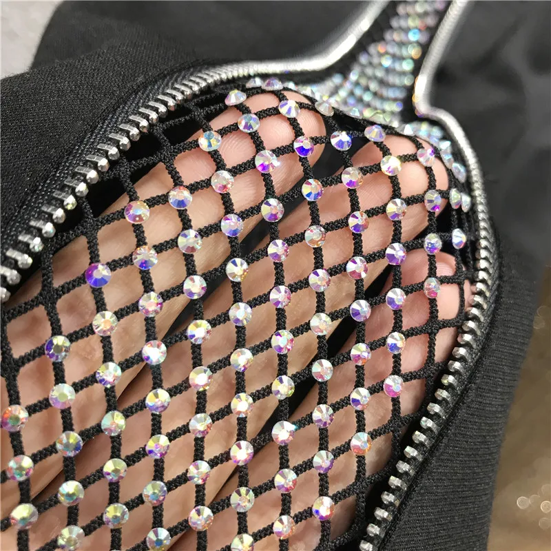 2020 New Summer Autumn Women's Zipper Mesh With Rhinestones Elastic Waist Pants Girls Street Wear Ladies Harem Pants A3536