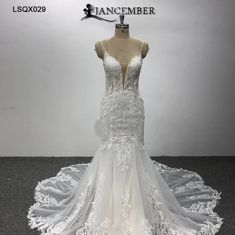 LSQX029 wedding dresses for bride Sling deep c neck blackless lace wedding dresses mermaid bridal dress robe de mariage sirène