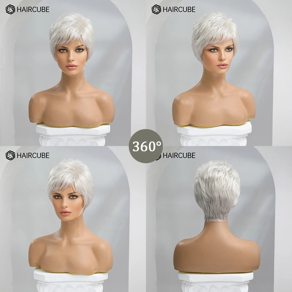 HAIRCUBE Silver Hair Short White Blonde Costumes Wigs for Women Heat Resistant Synthetic Fiber Mixed Human Hair Wig Daily Use