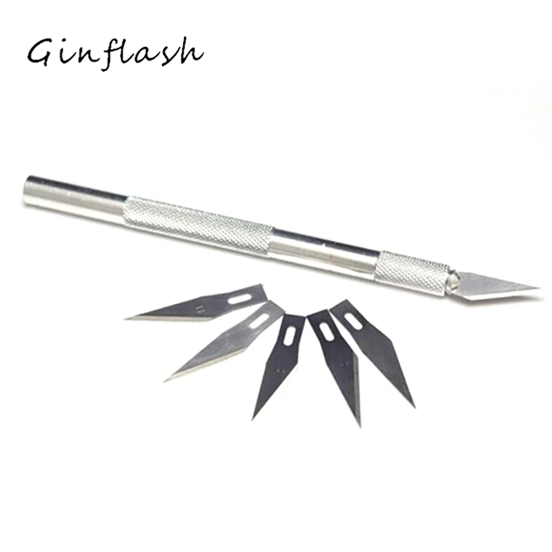 Ginflash Non-Slip Metal Utility Knife Wood Carving Tools 6 BladesCraft Sculpture Engraving For Stationery Art Supplies