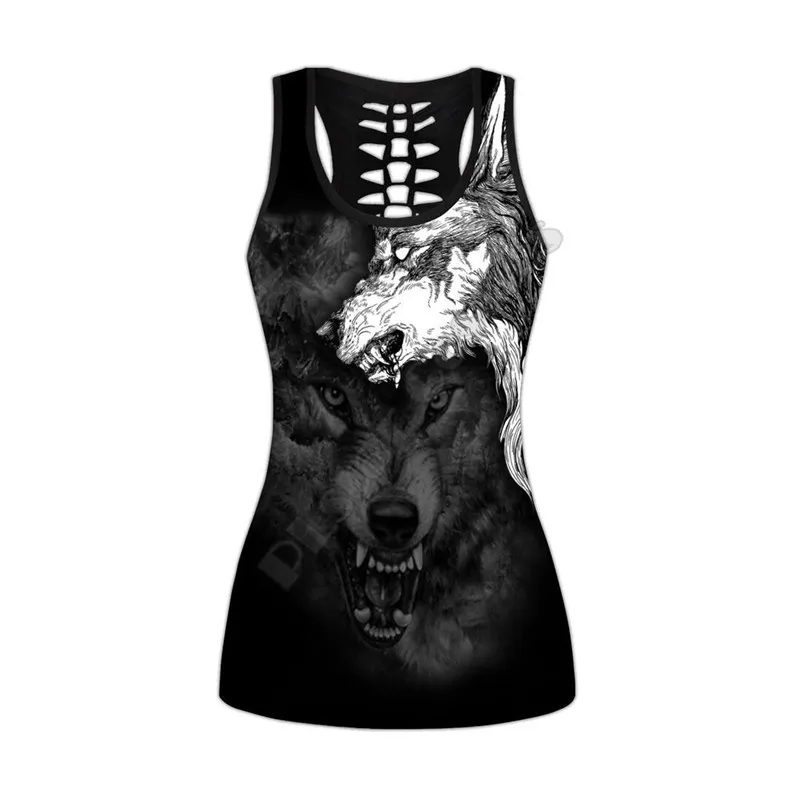 Wolf Spirit Tattoo Legging hollow tank Combo 3D Printed Tank top Suit sexy Yoga Fitness Soft Legging Summer Women For Girl 15