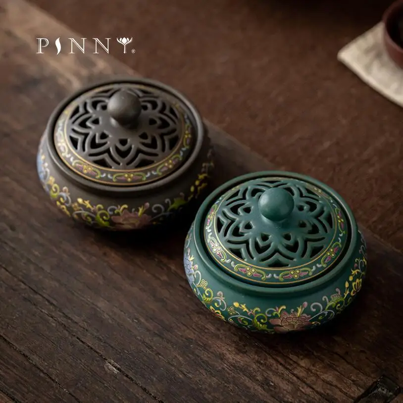 PINNY Large Enamel Ceramic Incense Burner Fireproof Cotton Inside Coil Incense Base Sandalwood Censer Ceramic Crafts