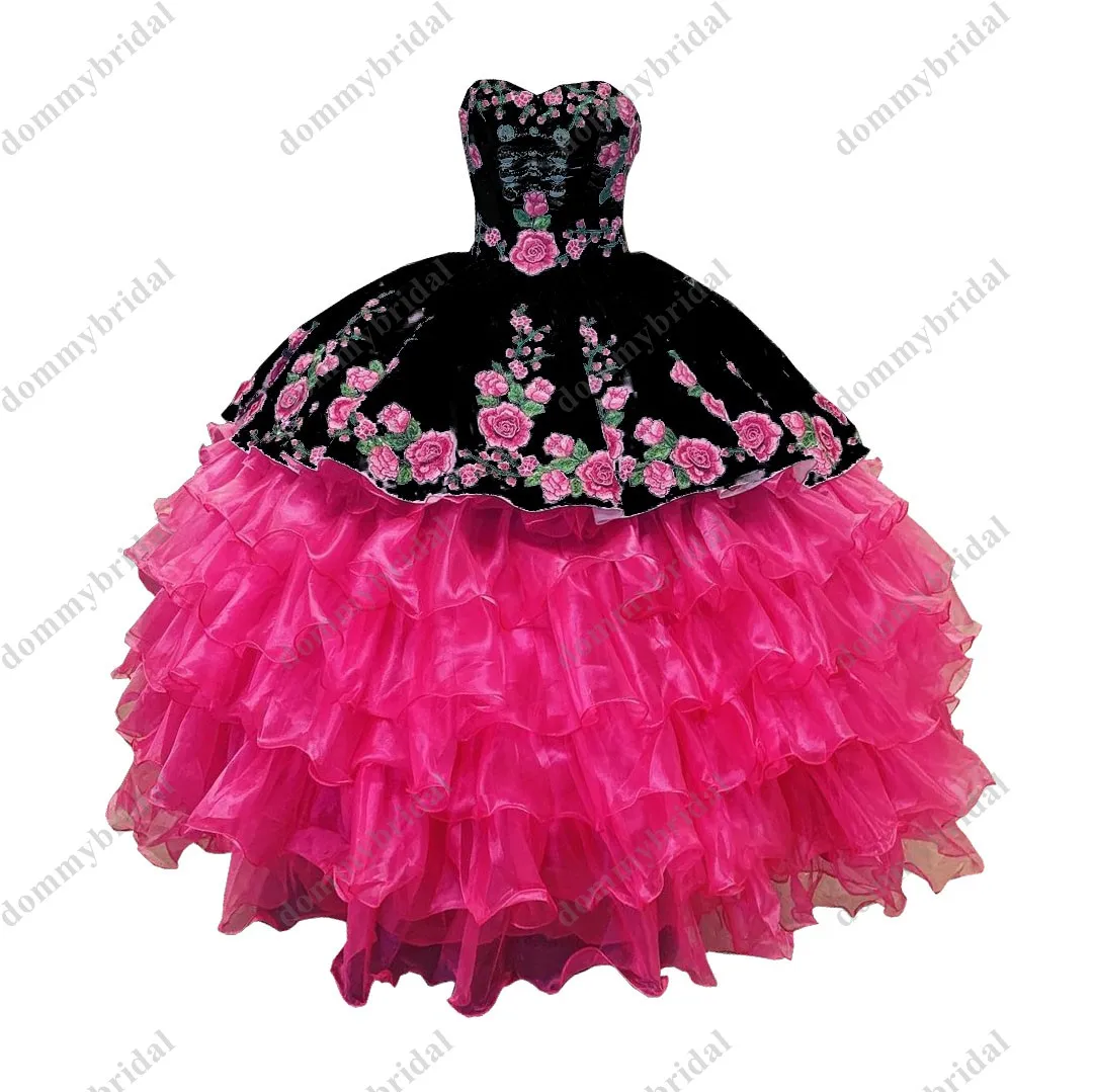 2023 sexy preto e quente rosa impresso flor floral africano vestido de baile quinceanera baile baile formal vestido mexicano charro sliver botão