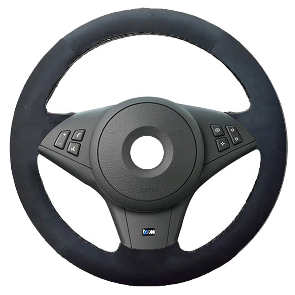 Alcantara Black Genuine Leather Suede Steering Wheel Cover Hand-stitched for BMW E60 530i E63 E64 635D