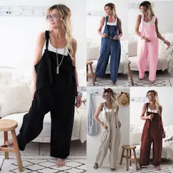 Women's Linen Dungarees Harem Strap Pant Loose Jumpsuit Baggy Trousers Overalls