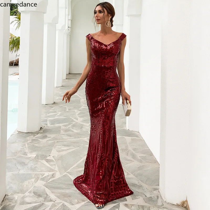 

Off The Shoulder Padded Burgundy Black Sequined Dress Backless Floor Length Lining Stretchy Maxi Dresses