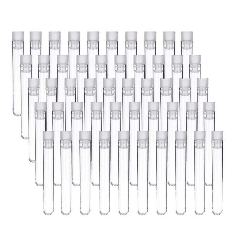 50pcs/pack 12x100mm Transparent Plastic Round-bottom Tube Sample Bottle, Office Laboratory Experiment Supplies with Lid