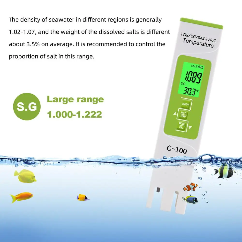 Yieryi 5 in 1 TDS/EC/SALT/S.G./Temperature Meter Digital Water Quality Monitor Tester for Pools, Drinking Water, Aquariums