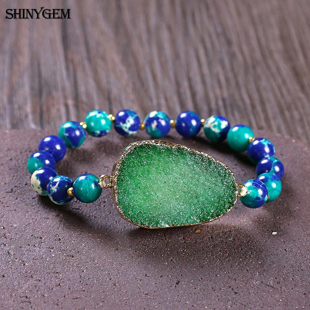 

2020 Trendy Charm Yoga Natural Crystal Druzy Bangles 8mm Sea Sediment Imperial Jasper Stone Bracelets Jewelry For Women Wedding