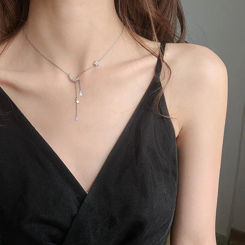 925 Sterling Silver Star Moon Simple Elegant Temperament Tassel  Necklaces For Women choker collares Wedding Jewelry Necklace