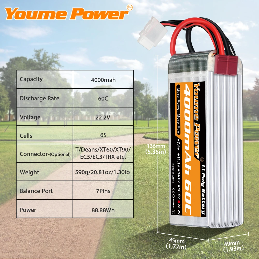 Youme 2PCS 22.2V 6S Lipo Battery 3300mah 4500mah 5200mah 6200mah 6500mah T Deans XT60 XT90 EC5 EC3 RC Parts