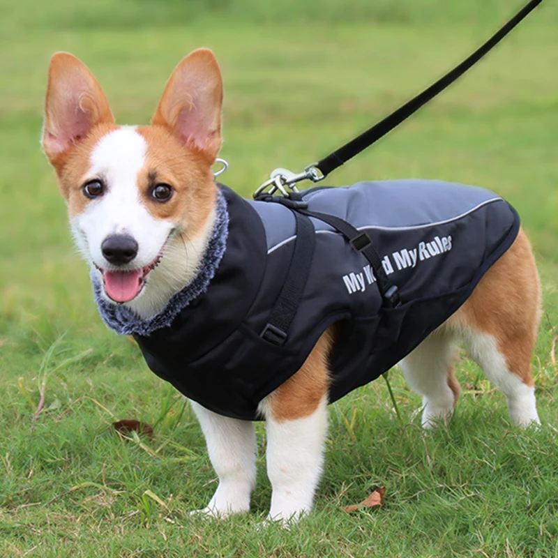 Winter wasserdichter Hundemantel, warme Haustier-Pelzkragenjacke mit abnehmbarem Geschirr, große Hundekleidung, Bulldoggen-Outfit, Labrador-Kostüme – Detail 16