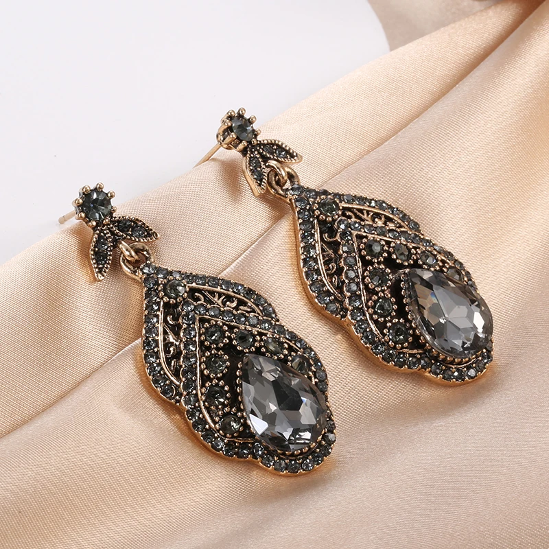 Wbmqda Vintage Crystal Flower Drop Earring For Women Ethnic Bride Jewelry Antique Gold Color Dangle Earring Arabesque Bijoux