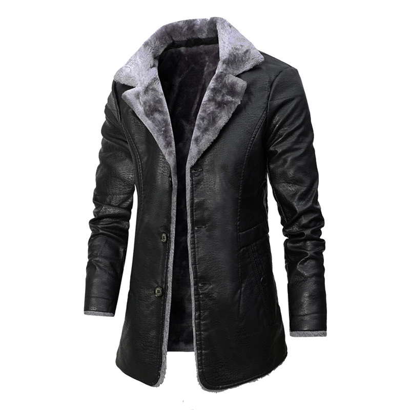 Maxulla Winter Men's PU Jackets Casual Fleece Warm Motorcycle Leather Jacket Male Mid-Long Slim Fit  Leather Coats Mens Clothing