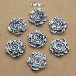 100 PZ 14mm Argento Resina Fiore Della Rosa Flatback Cabochon Telefono DIY/Decorazione di Cerimonia Nuziale Del Mestiere