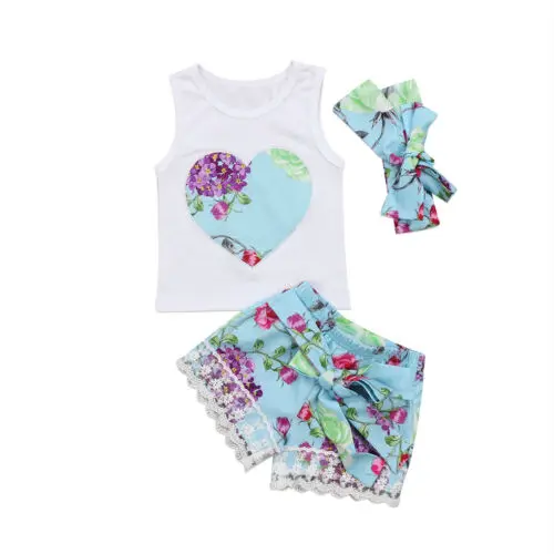 New 3Pcs Girls Summer Clothing Set Toddler Clothes Baby Floral Vest Tops +Lace Shorts Outfits Girl Flower Set