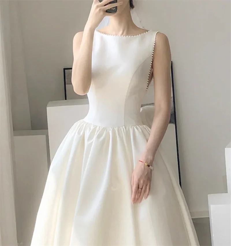 Muỗng Phong Cách Pháp Trà Chiều Dài Váy Cưới Sang Trọng Satin Chữ A Bowtie Hở Lưng Cô Dâu Đồ Bầu Vestidos De Mairee Cưới