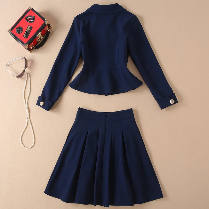 High Quality Autumn Casual Party Workplace Navy Blue Jacket Suit Mini Half Skirt Vintage Elegant Chic Two-piece Set Women\'s Sets