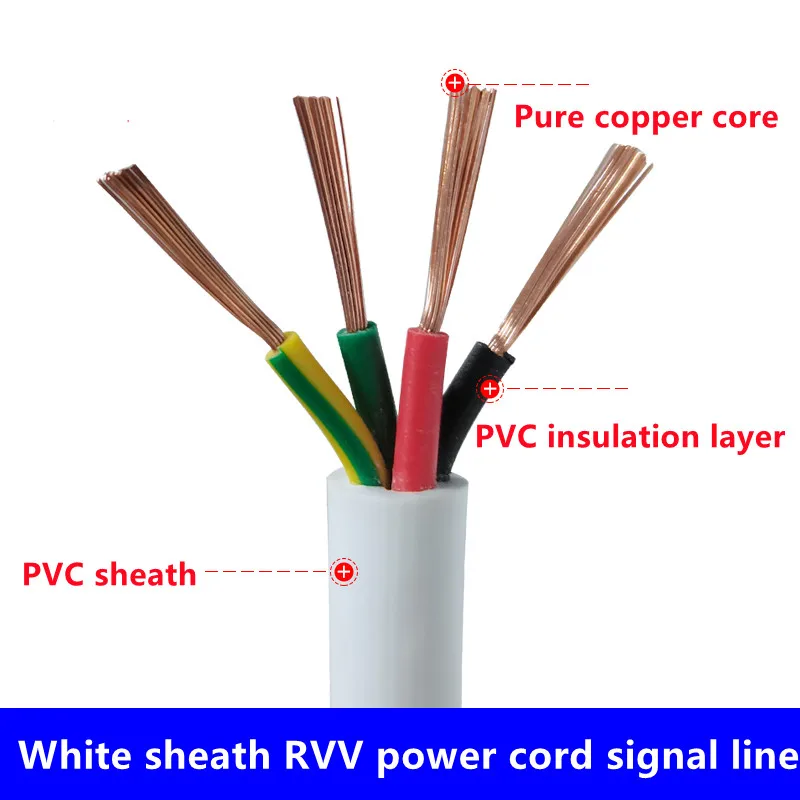 Cavo di controllo della guaina morbida in PVC bianco 18AWG 20AWG 17AWG 15AWG 13AWG 2/3/4/5coresRVV cavo di alimentazione con nucleo in rame puro