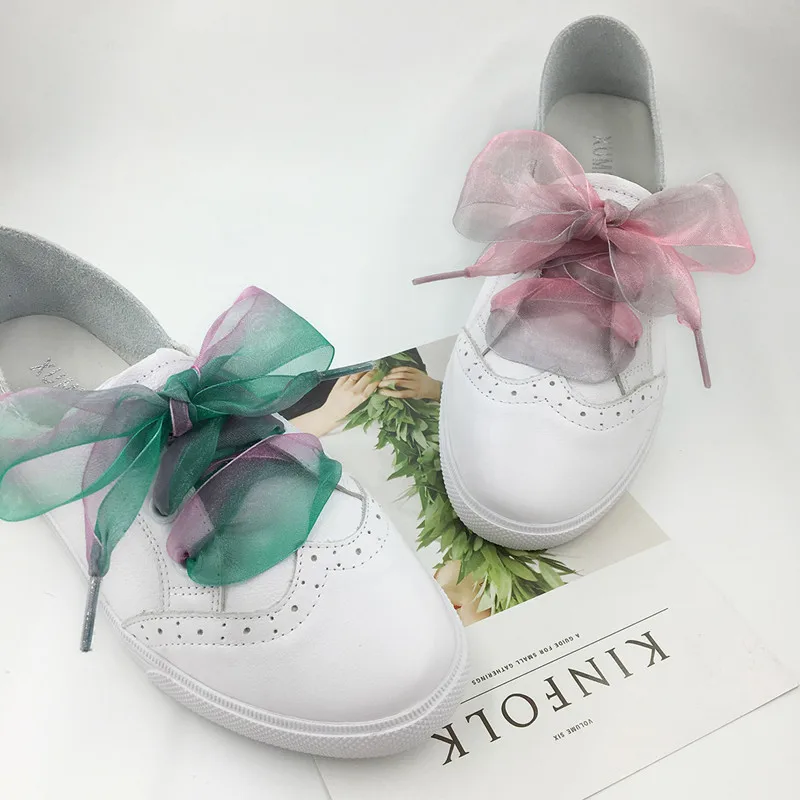 4 cm Widened Gradient Color Organza Shoelaces Chiffen Yarn Bow Wide Laces Trend Beauty White Casual Sneaker Shoes Laces Dropship