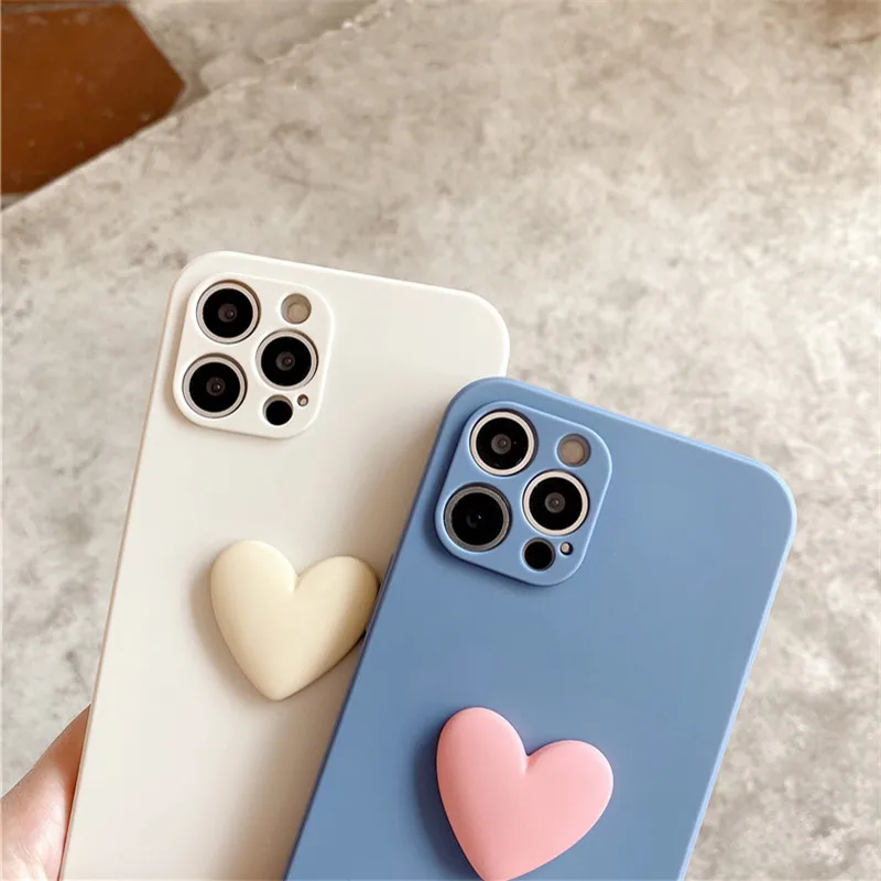 Cute 3D Love Heart  Camera Protection Phone Case For iPhone 11 13 Pro Max 12 Mini 7 8 Plus SE 2020 Solid Color Soft Silicone TPU