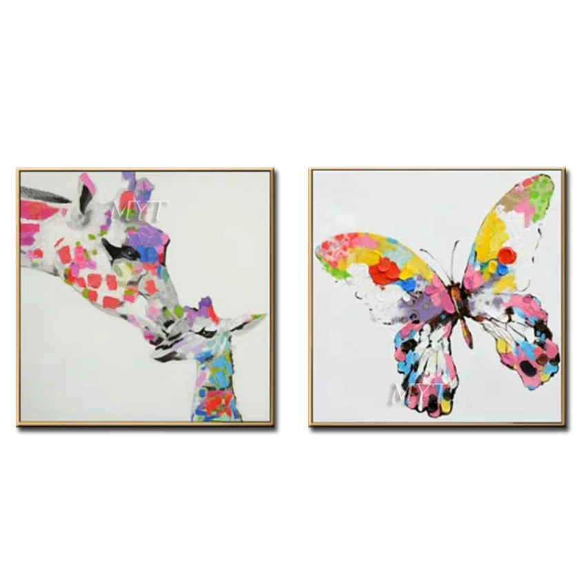 Two Colorful Giraffes And One Colorful Butterfly Abstract Oil Painting On Canvas Wall Art Home Decor Picture Modern Hand Painted