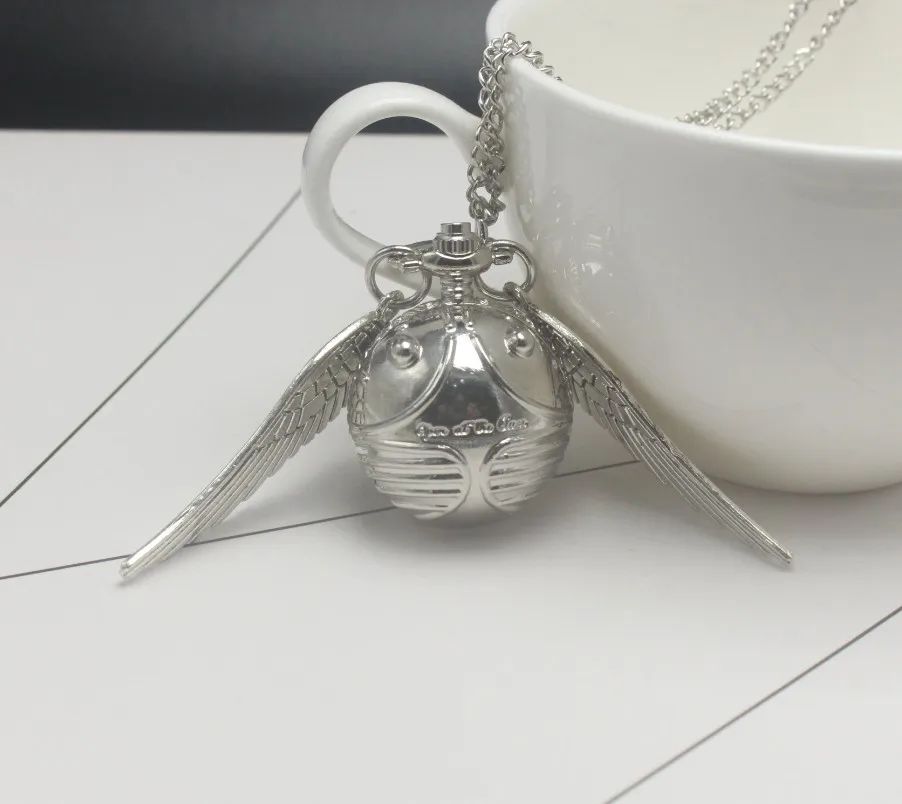 Retro Snitch Ball Shaped Potter Quartz Pocket Watch Fashion Sweater Angel Wings Necklace Chain Gifts for kids Anime Accessories