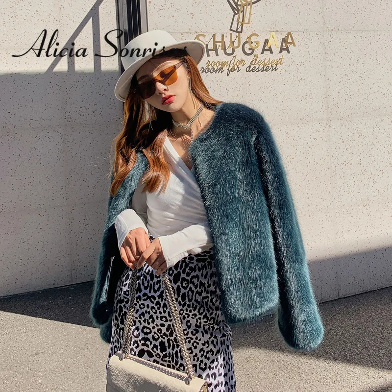 

2021 Winter Women's Faux Fur Warm Thick Solid Fluffy Regualr Mink Coat Long Sleeve Cardigan Street Hipster Fashion Jacket Femme