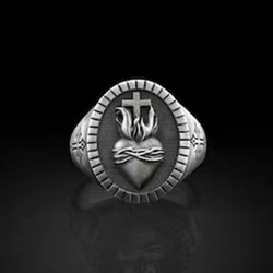 Vintage Dropshipping Stainless Steel Ladies Mens Biker Punk Sacred Heart Of Jesus God Ring Cross Amulet Jewelry For Man Gift
