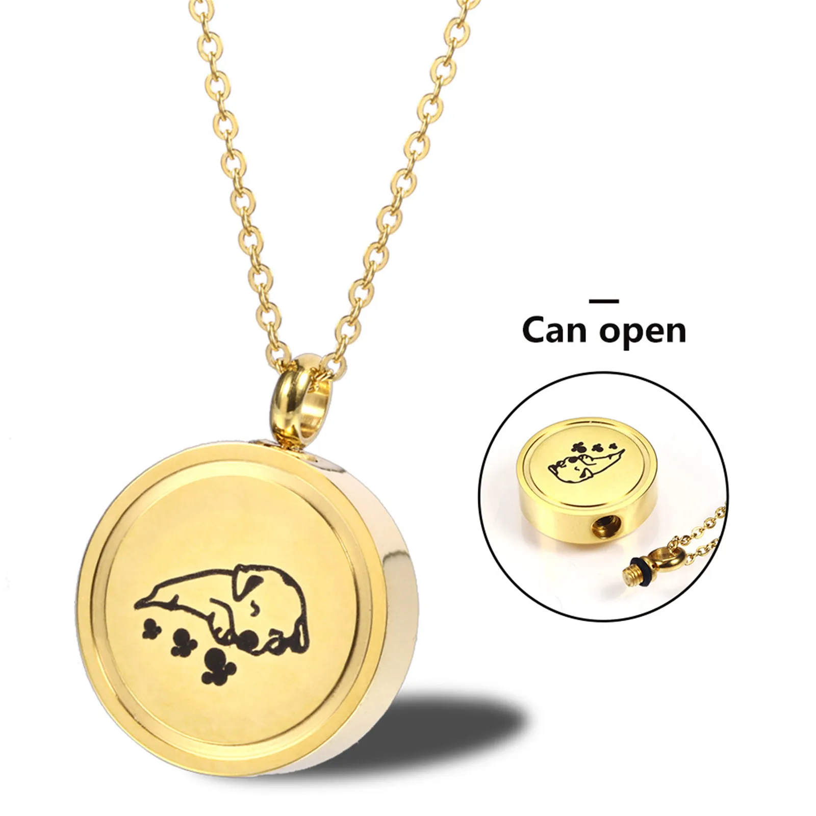 Urn Necklace for Ashes Dog Sleeping Stainless Steel Round Metal Openable Storage Box Mens Pendant Pet Cremation Memorial Jewelry