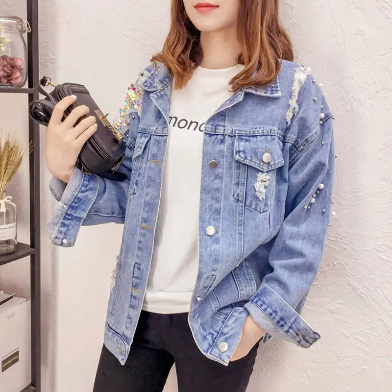 Holed Beaded Denim Jacket 2021 Spring Women's Loose Long Sleeves Washed Hole Denim Jacket Coat Streetwear Female Cotton Jacket