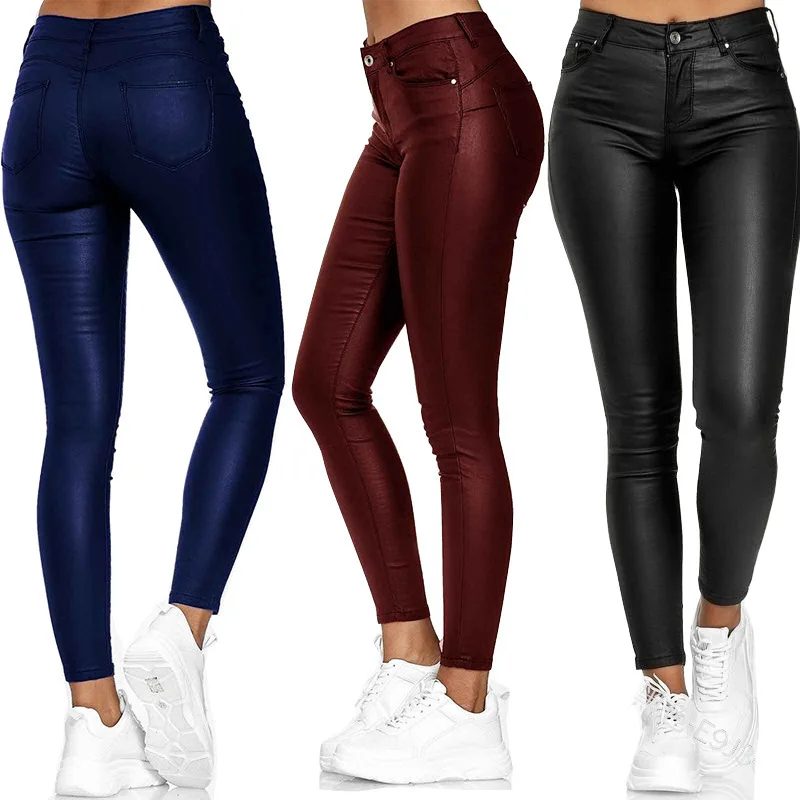 Black Blue  Wine Red Pencil Pants Women Sexy High Waist Leggings Elastic Skinny Spring Autumn PU Faux Leather Pantalon S-XXXL