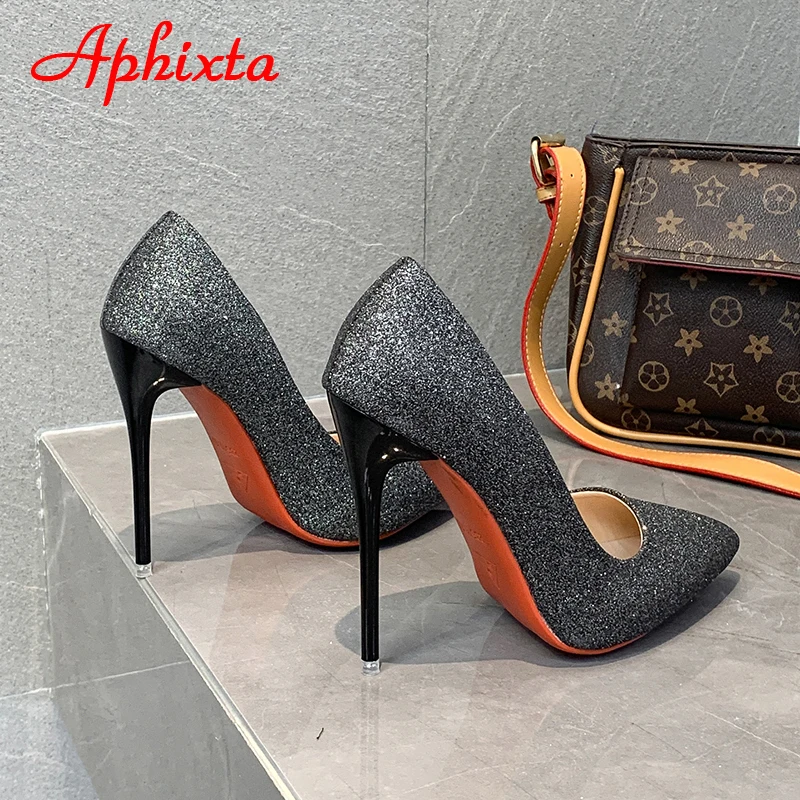 Aphixta 12cm Super High Stiletto Heels Pumps Women Shoes Bling Sequined Leather Pointed Toe Wedding Dress Thin Heel Shoes Woman