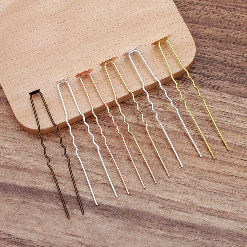 50pcs Hair Sticks U shape Hair Pins with 6 8 10 12mm Flat Circle Glue Pad Base Hair Accessories DIY for Women Bridal Headpiece