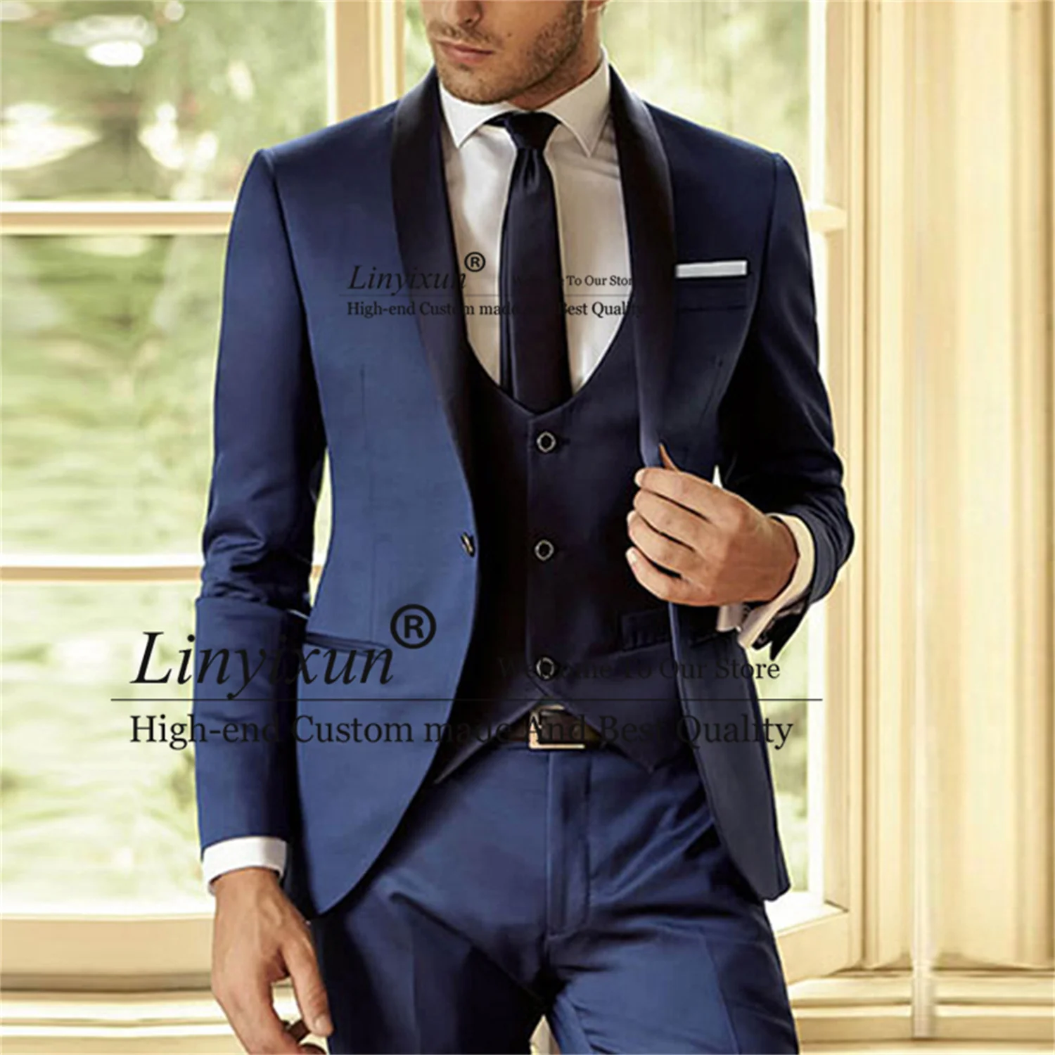 

Navy Blue Groom Tuxedo For Wedding Slim Fit Men Suits 3 Piece Latest Jacket Vest Pants Designs Male Fashion Blazer Costume Homme
