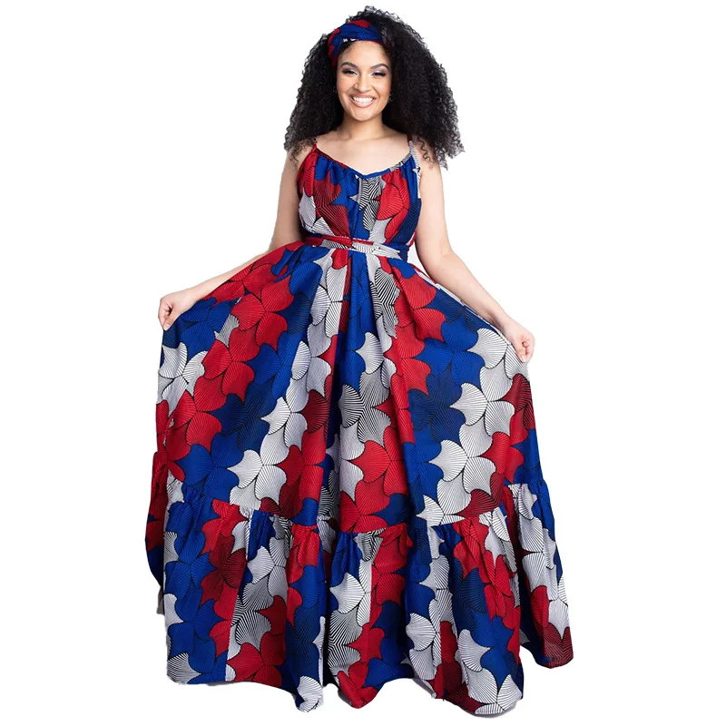 

2021 Summer New Polyester African Spaghetti Strap Dresses for Women Summer Split Party Dress Sleeveless Long Maxi Dresses