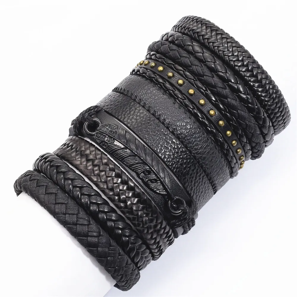 New Yellow Brown Leather Weave Feather Men Bracelets for Women Bangles Femme Homme Male Jewellery 10 Pcs/set