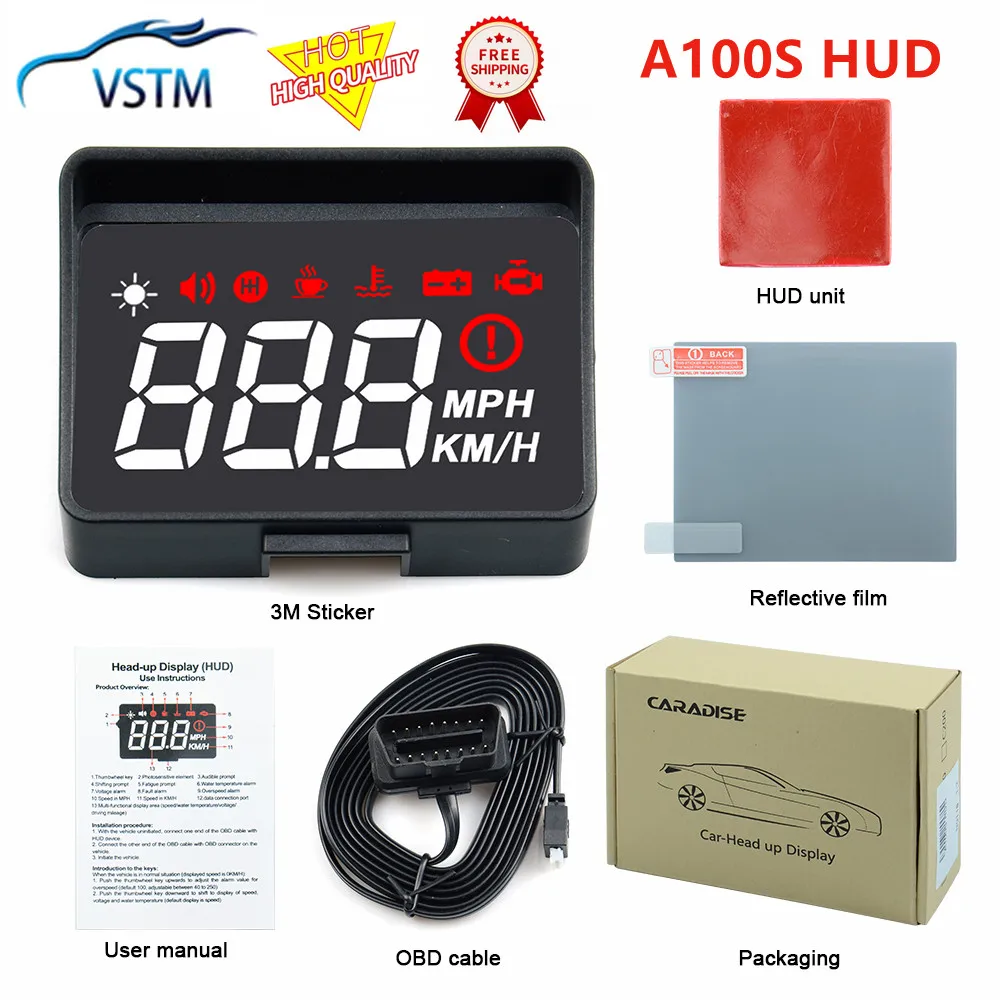 جديد A100S سيارة HUD رئيس يصل عرض OBD2 EUOBD السرعة الزائدة تحذير السيارات الإلكترونية الجهد إنذار أفضل من A100 HUD