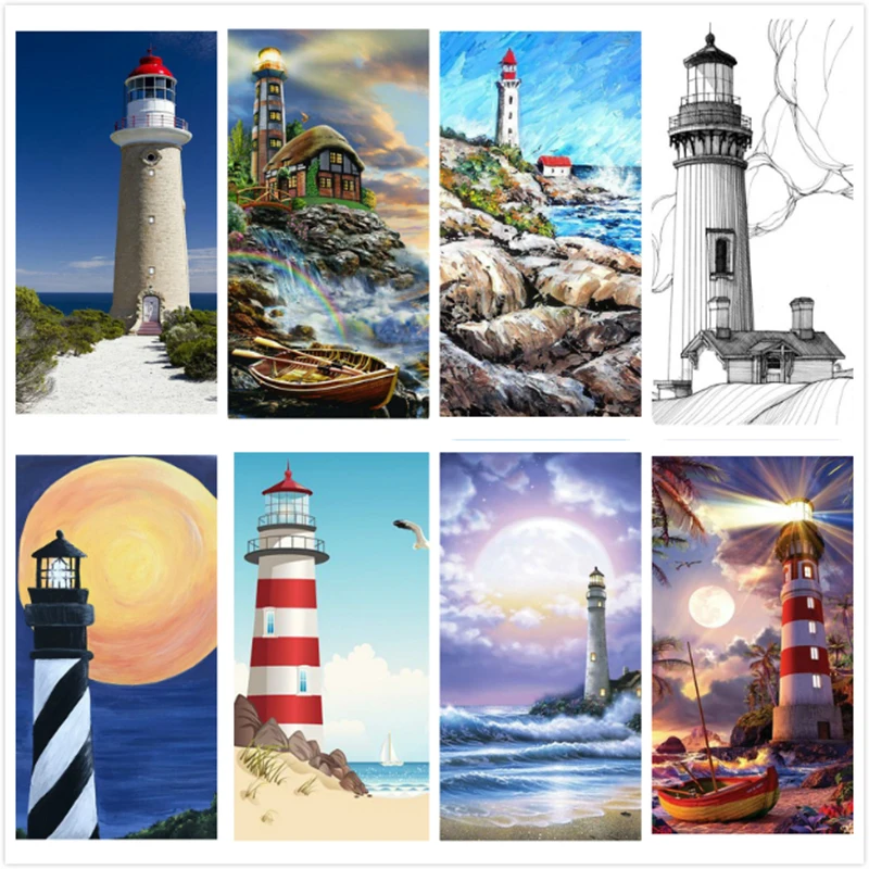 LZAIQIZG-5D Diamond Painting, Full Square and Round Scenery, Lighthouse, Mosaic Embroidery, Rhinestone Picture, Home Decoration