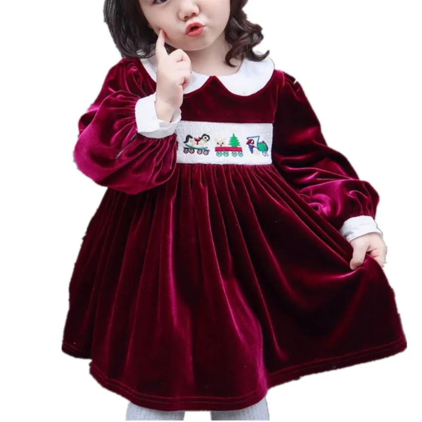 

Baby Girl Autumn Winter velvet smocked priness dress Vintage Spanish Lolita Ball Gown Dress for Christmas Party Casual