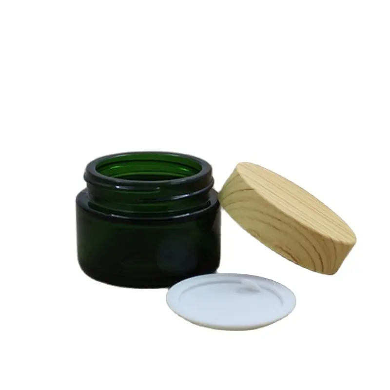 15 peças vazio vidro verde creme cosmético garrafa recarregável recipiente de embalagem frasco creme para os olhos tampa plástica de madeira falsa 50g 30g