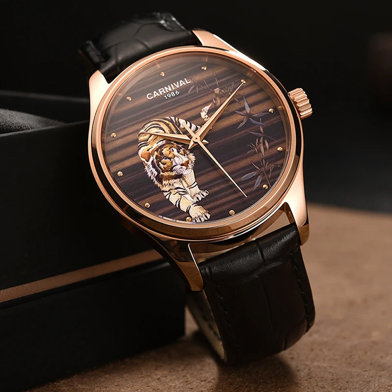 Relogio Masculino Carnival Brand Luxury Automatic Watch Fashion 3D Tiger Rose Gold Mechanical Wristwatches for Men Reloj Hombre